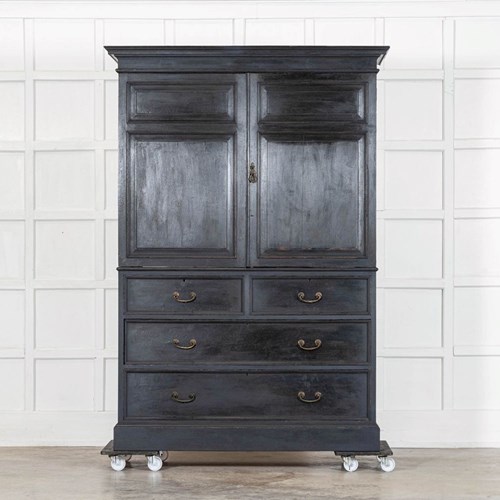 19Thc English Oak Painted Linen Press