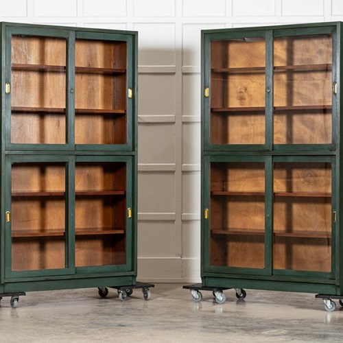 Pair English Painted Mahogany Glazed Bookcase Display Cabinets