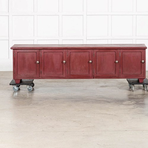 Large English 19Thc Painted Pine Locker Cabinet /Bench