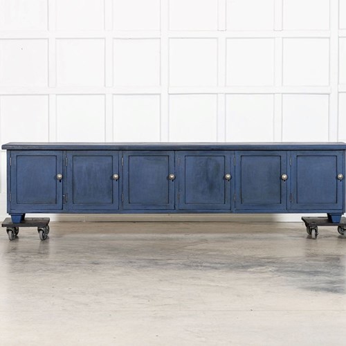 Large English 19Thc Painted Pine Locker Cabinet / Bench