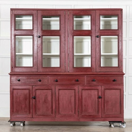 Large 19Thc English Painted Pine Glazed Housekeepers Cupboard