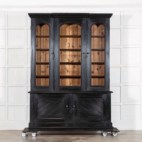 Large 19Thc English Ebonised Oak Glazed Bookcase