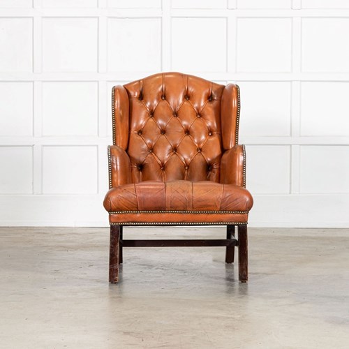 English Tan Leather Wingback Armchair
