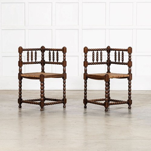 Pair English 19Thc Beech Bobbin Corner Chairs