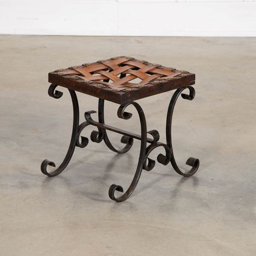 Spanish Mid 20Thc Brutalist Wrought Iron & Leather Stool
