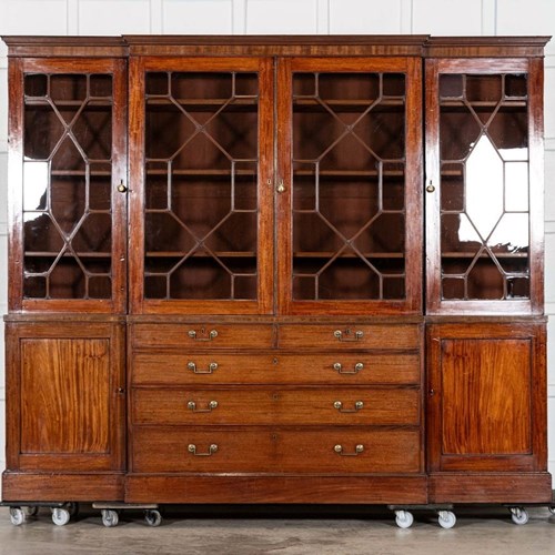 Monumental English Mahogany Breakfront Inlaid Glazed Bookcase
