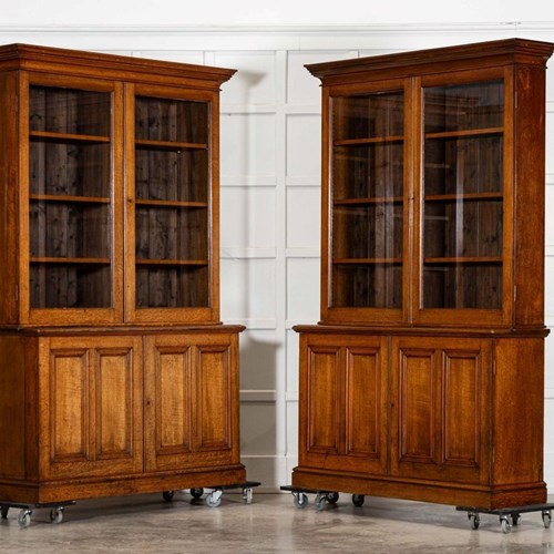 Large 19Thc English Oak Glazed Bookcase Cabinet