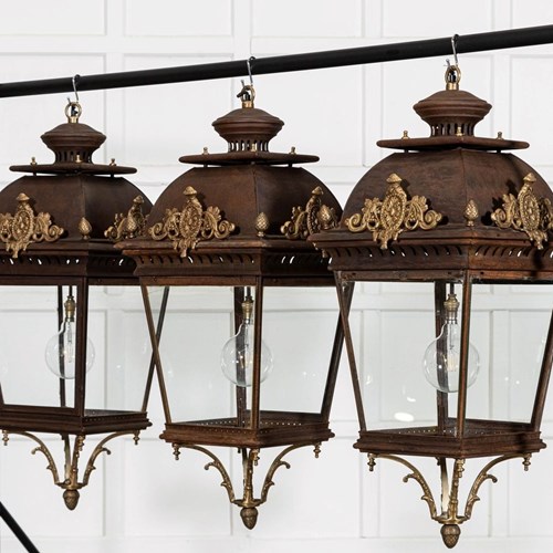 1282B Large French 19Thc Style Bronze & Iron Lanterns