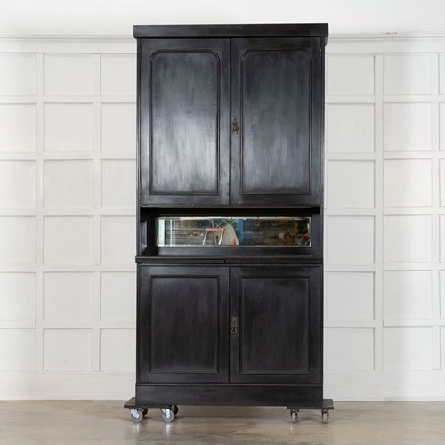 Large 19Thc English Ebonised Mirrored Mahogany Cabinet