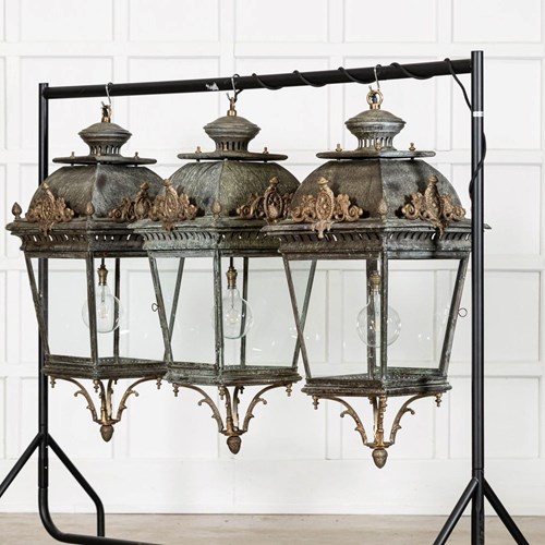 Large French 19Thc Style Bronze & Iron Lantern