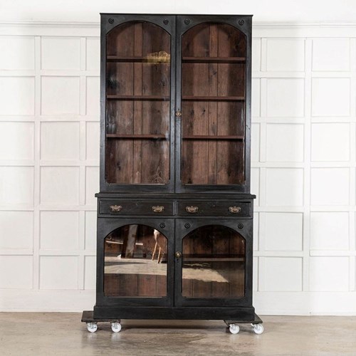 English 19Thc Ebonised Mahogany Glazed Bookcase Cabinet