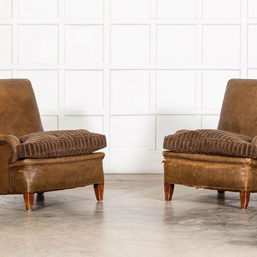 Pair English Early 20Thc Sprung Leather Armchairs