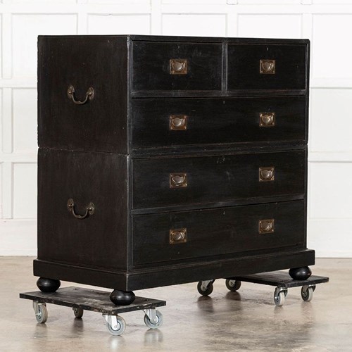 Large 19Thc English Ebonised Teak Campaign Chest Drawers