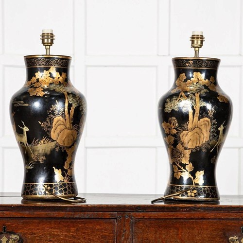 Pair English Large Chinoiserie Papier-Mâché Table Lamps