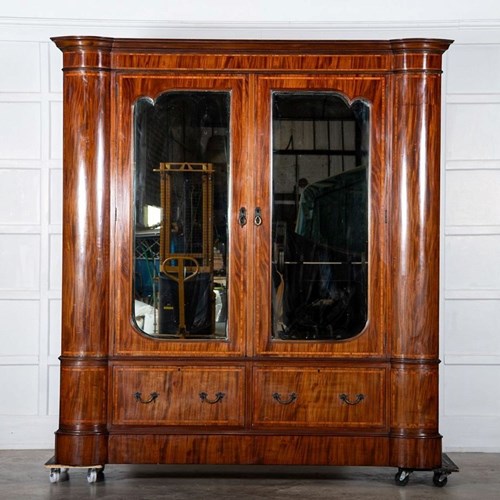 Large English 19Thc Mahogany Inverted Breakfront Mirrored Wardrobe