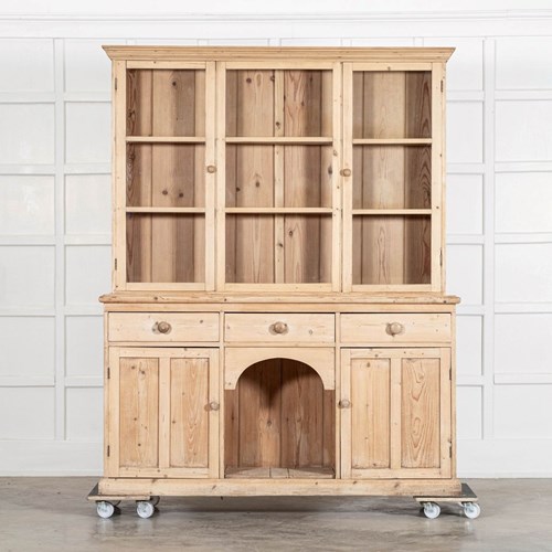 19Thc Large English Pine Glazed Panelled Dresser