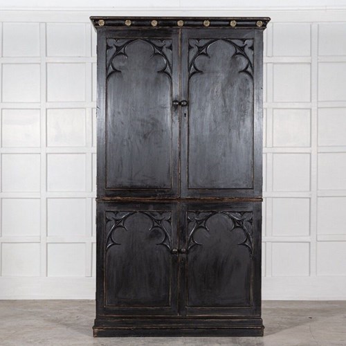 Large 19C English Ebonised Gothic Pine Linen Press