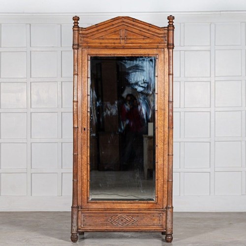 19Thc French Faux Bamboo Walnut Mirrored Armoire