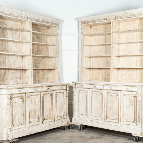 Pair Large 19Thc English Bleached Carved Oak Bookcases