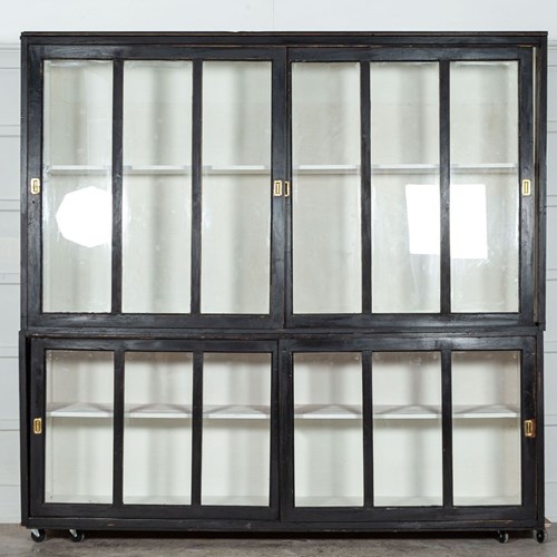 Monumental Ebonised Glazed Pine Housekeepers Cabinet