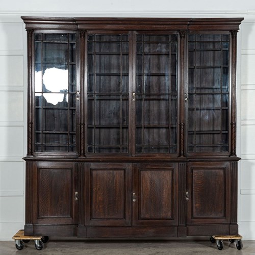 Large 19Thc English Oak Glazed Breakfront Bookcase