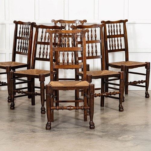 19Thc English Oak Harlequin Set Of 6 Rush Farmhouse Spindle Back Dining Chairs