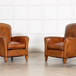 Pair English Tan Leather Club Armch...