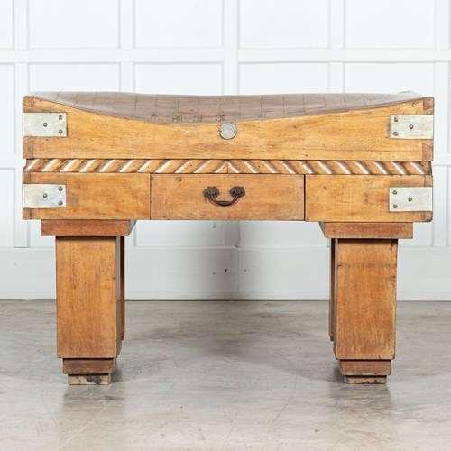 French Butchers Block On Original Stand, Beech, Brown, Early 20Th Century