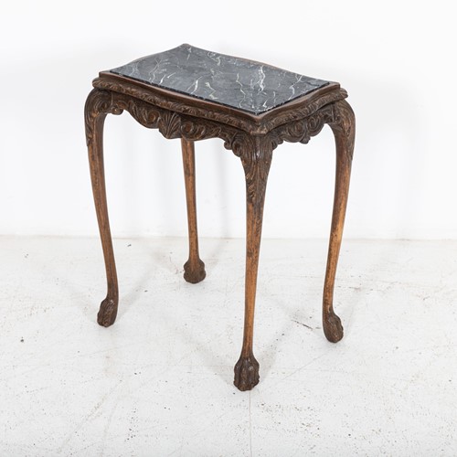 English Oak & Faux Marble Lion Paw Side Table