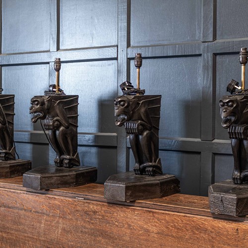 19Thc Ebonised Winged Serpent Table Lamps