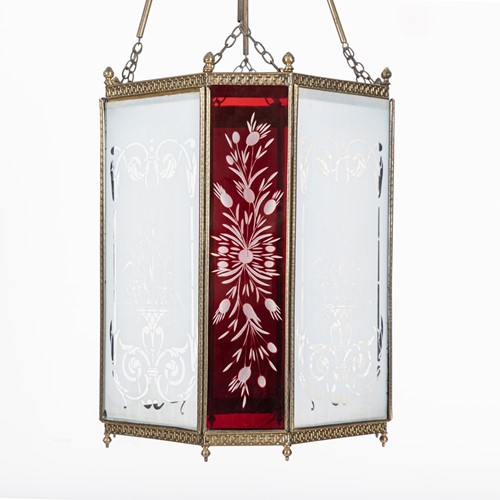 19Thc English Oversized Etched Glass Lantern	