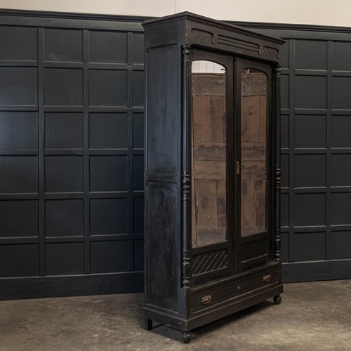 19thC Large French Ebonised Mirrored Armoire