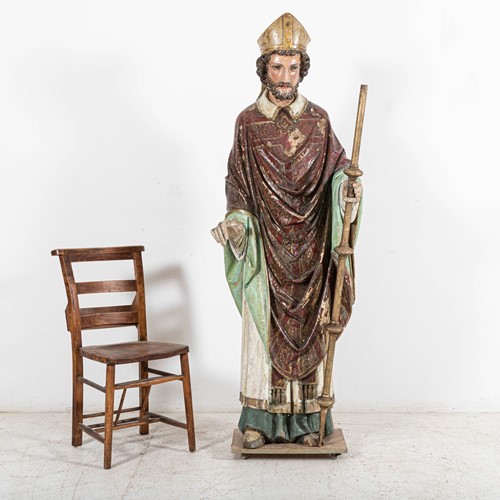 Polychrome Carved Bishop Statue