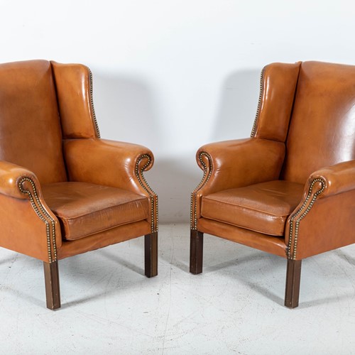 Tan Leather Wingback Armchairs