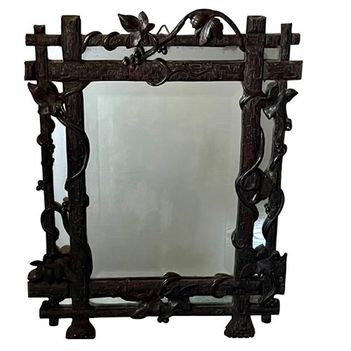 19Th Century Black Forest Style Carved Frame Mirror 