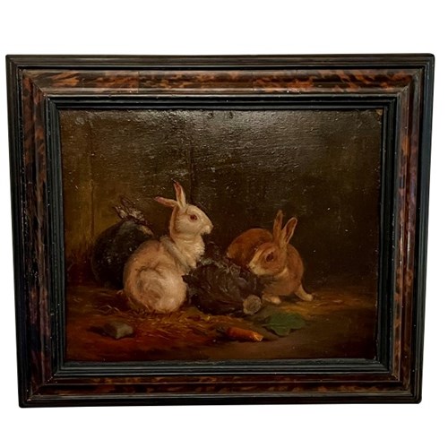 Small 19Th Century Painting Of Rabbits