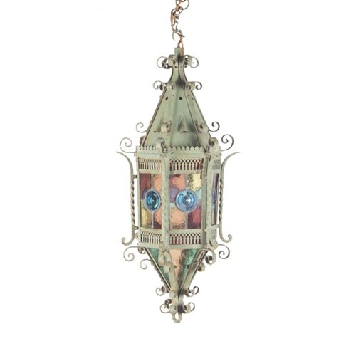 French Iron And Stained Glass Lantern