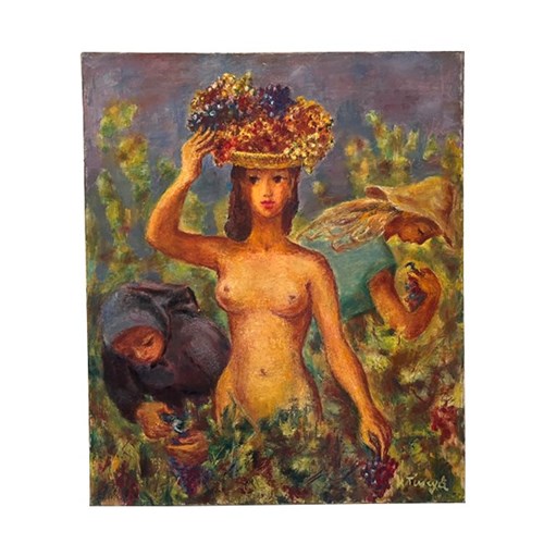 20Th Century French Painting Of A Grape Harvest
