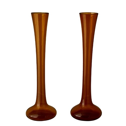 Pair Of Tall Amber Glass Vases