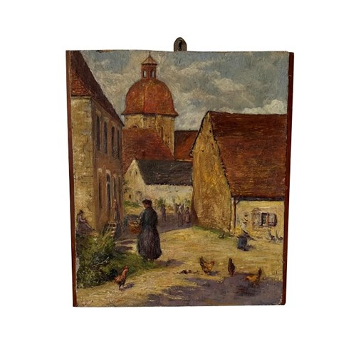 Small Painting Of A French Village Scene With Chickens