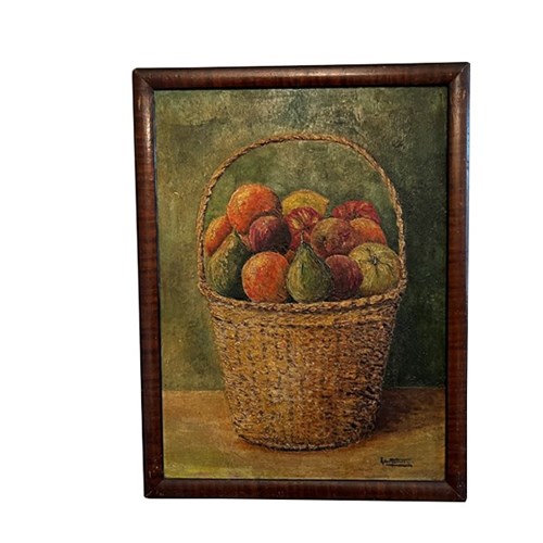 Signed Still Life Painting Of A Basket Of Fruit