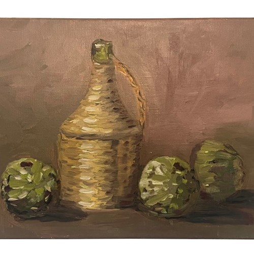 Small French Still Life Painting Of Artichokes And Bottle