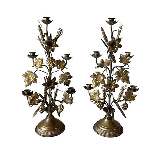Pair Of Tall Brass Harvest Candleabras