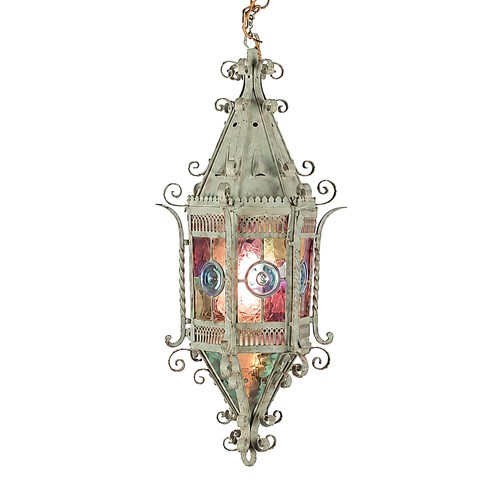 French Iron And Stained Glass Lantern