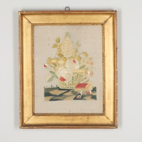 19Th Century Framed Silkwork 'Still Life With Books'