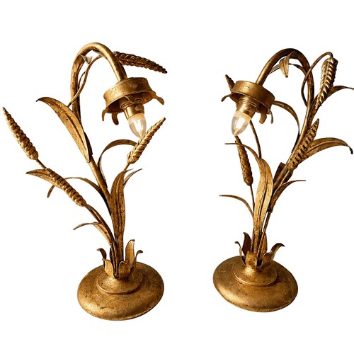 Pair Mid-20Th Century French Gilt Metal Wheat Table Lamps