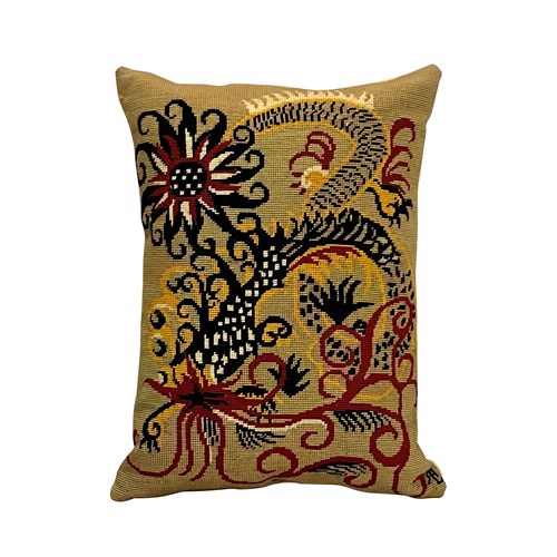 Mid-Century French Needlepoint Dragon Cushion