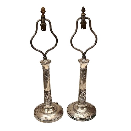 Pair 20Th Century French Emoire Revival Silver Plated Table Lamps