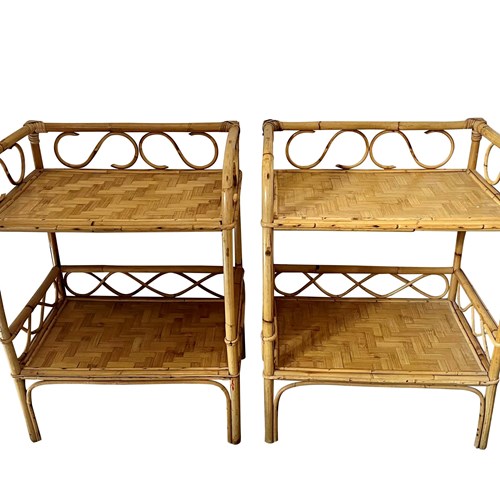 Pair Of 1970'S Italian Bamboo & Cane Side Tables