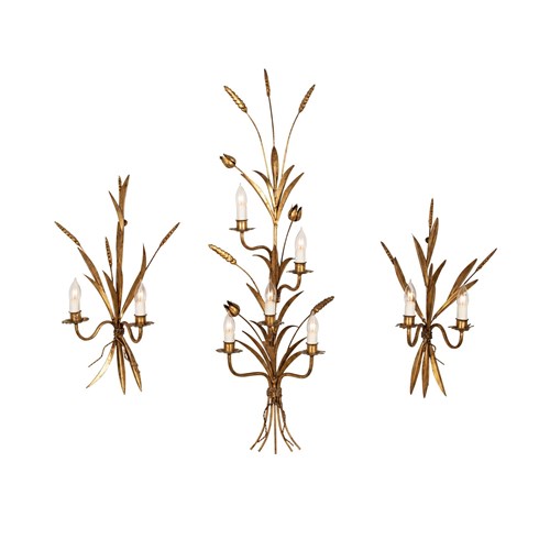 Monumental Set Of Three 1970'S Gilt Wheat Sheaf Wall Sconces In The Manner Of Ha